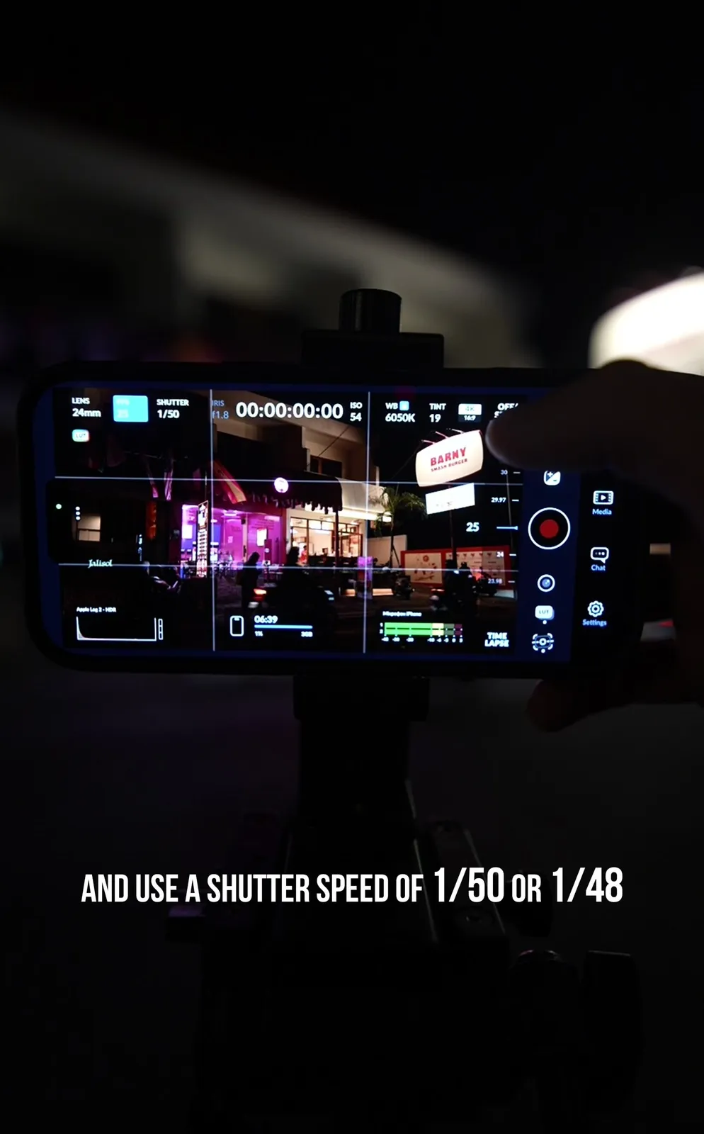 Blackmagic Camera app showing 24 fps and shutter 1/48 cinematic night settings