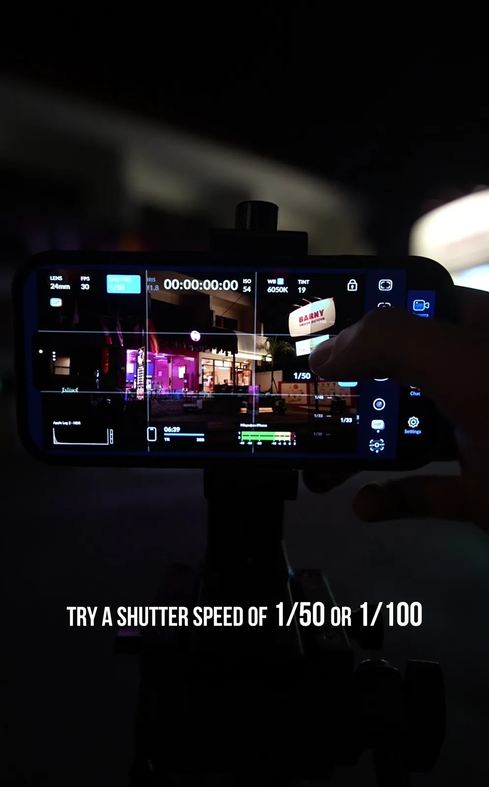 Blackmagic Camera app on iPhone showing shutter 1/50 for night video