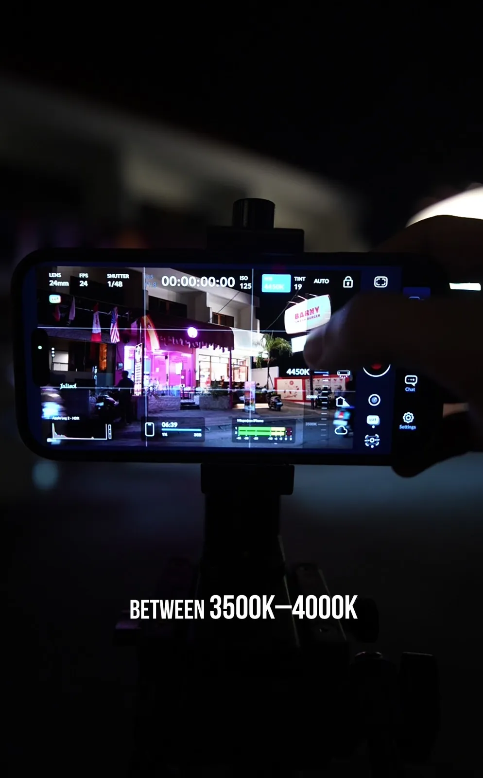 Blackmagic Camera white balance tip for night iPhone filming around 3500K to 4000K