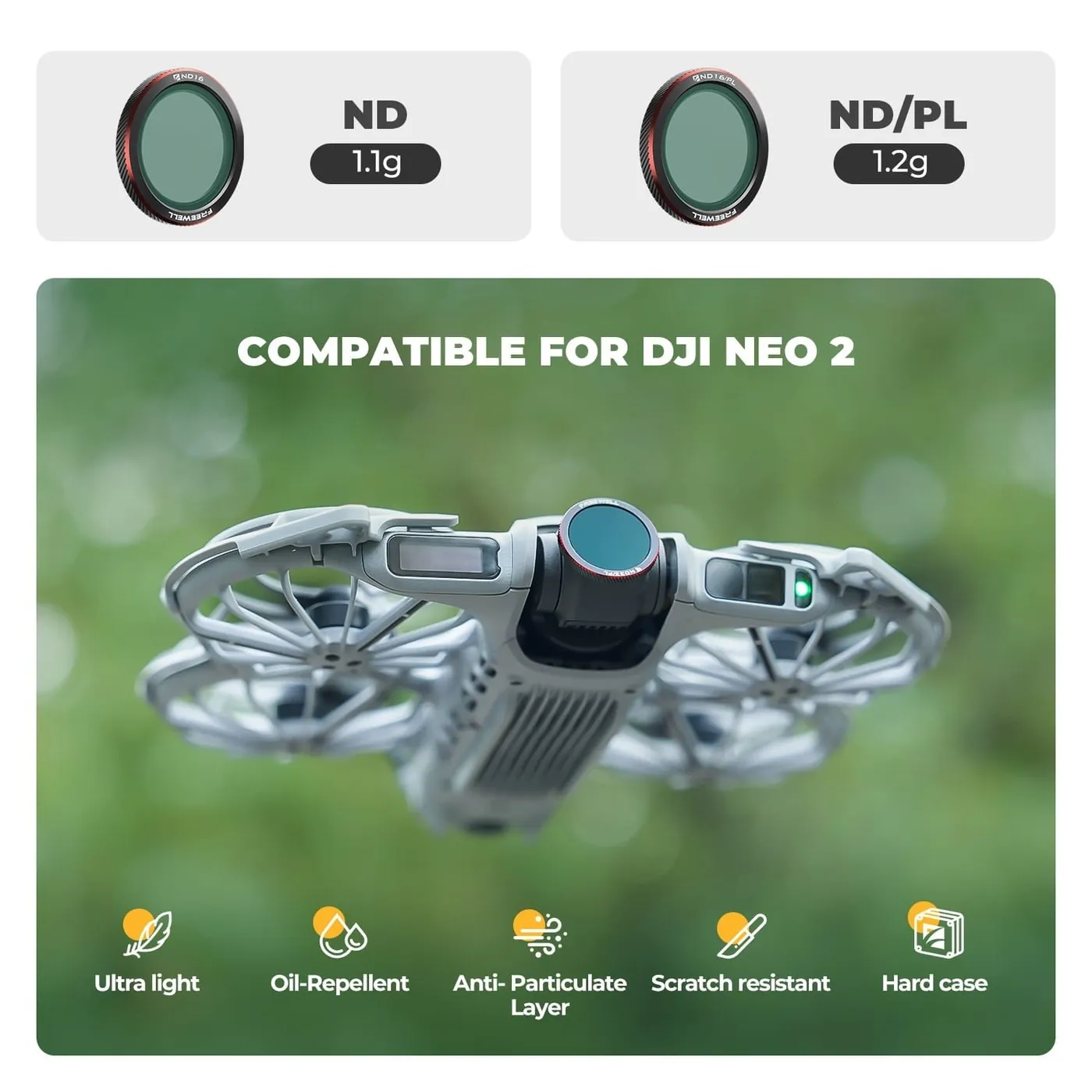Freewell magnetic ND filter mounted on a DJI Neo 2 drone camera