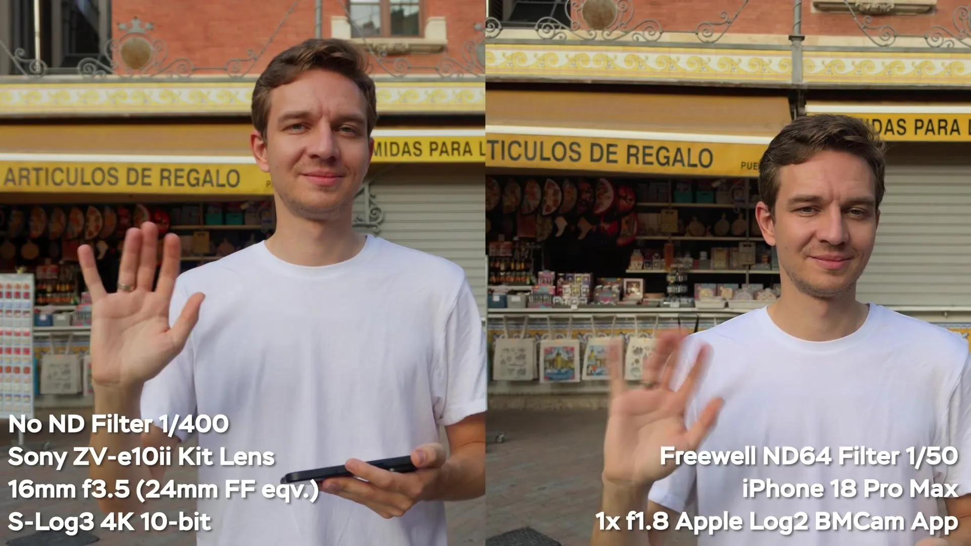 Sony ZV-E10 II at 1/400 without an ND filter next to the iPhone 18 Pro Max at 1/50 with a Freewell ND64 filter, showing natural motion blur