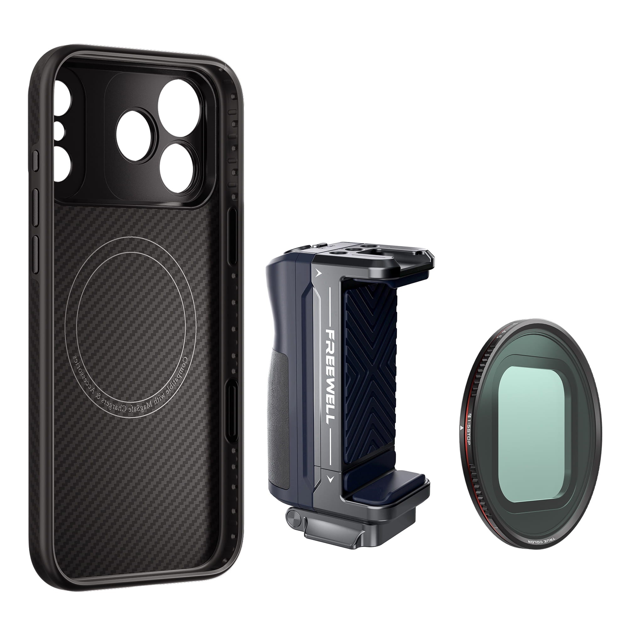 Freewell iPhone Pro Filmmaker Starter Kit with MagSafe case, VND 1-5 filter, and Bluetooth grip