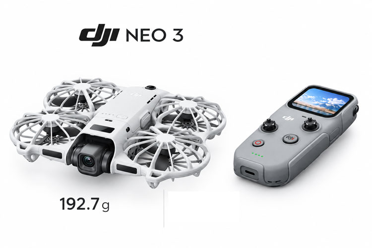 Leaked promotional image of DJI Neo 3 drone at 192.7 g beside a screened RC Mini-style controller