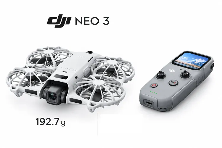 Leaked promotional image of DJI Neo 3 drone at 192.7 g beside a screened RC Mini-style controller