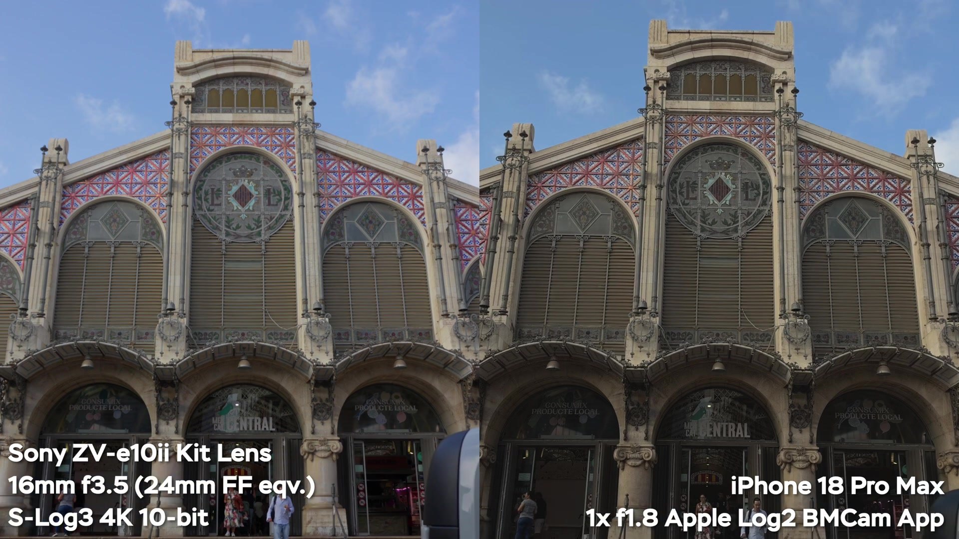 Dynamic range test comparing Sony S-Log3 and iPhone 18 Pro Max Apple Log 2 at a market in Valencia