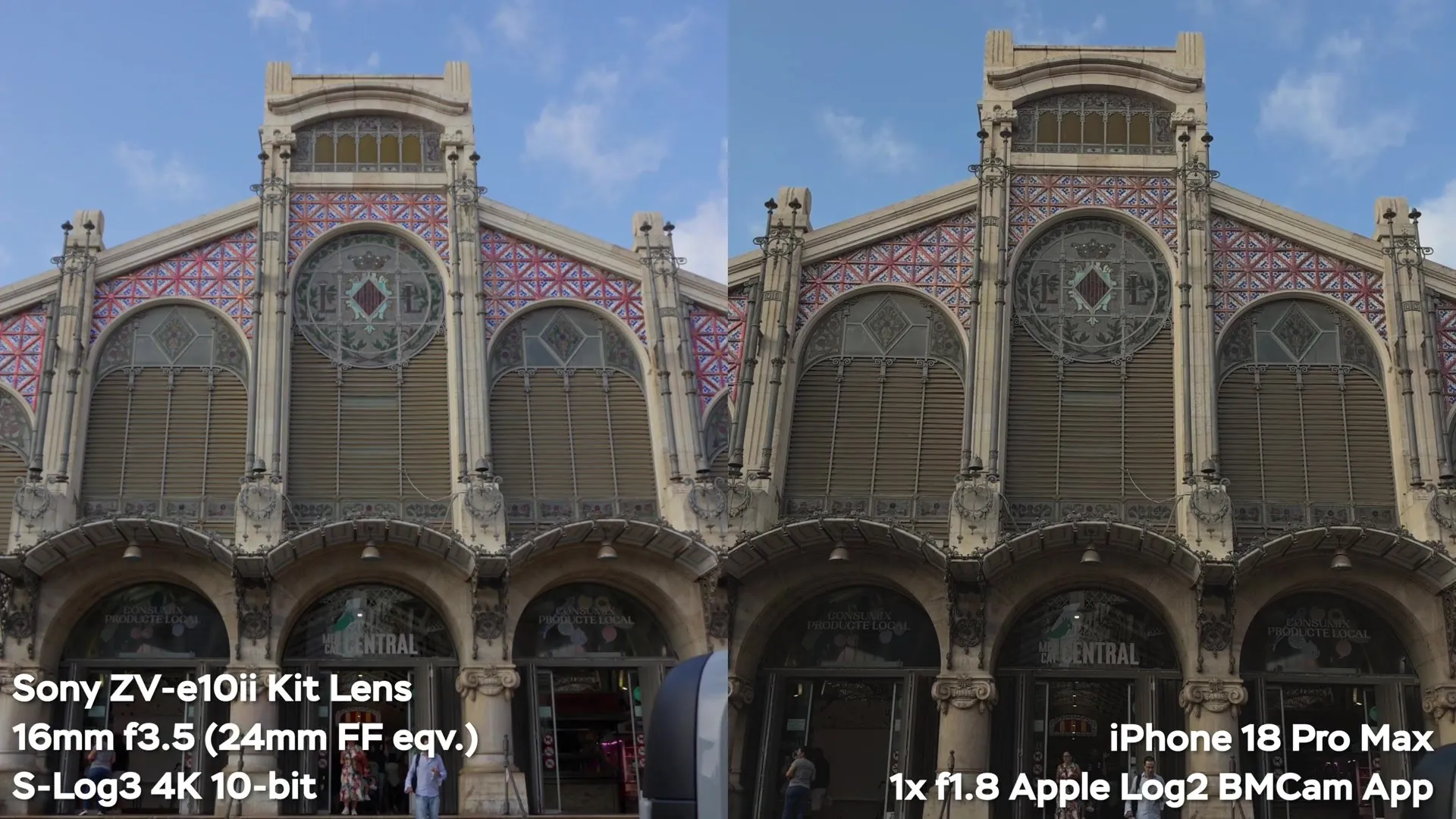 Dynamic range test comparing Sony S-Log3 and iPhone 18 Pro Max Apple Log 2 at a market in Valencia