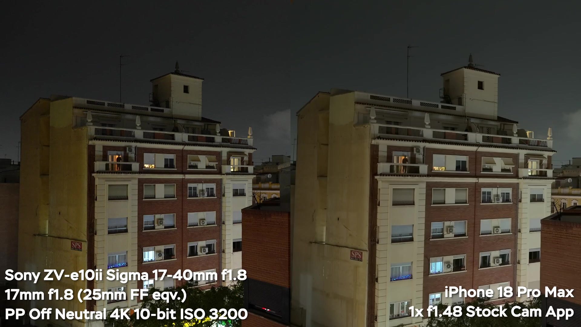 Night video comparison of the Sony ZV-E10 II with a Sigma 17-40mm f/1.8 at ISO 3200 and the iPhone 18 Pro Max 1x camera